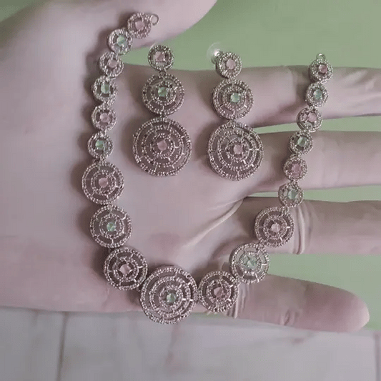 Luxury Dual-Tone Pink & Blue Circular Necklace Set with American Diamonds – Silver-Tone Finish