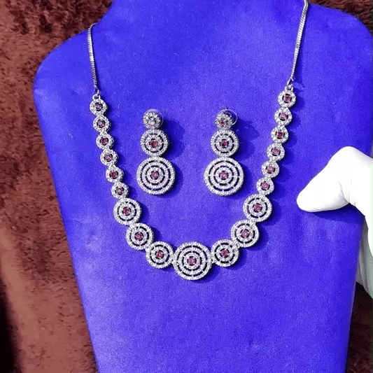 Silver-Tone American Diamond Necklace Set with Ruby Red Stones β Elegant Party & Wedding Jewelry