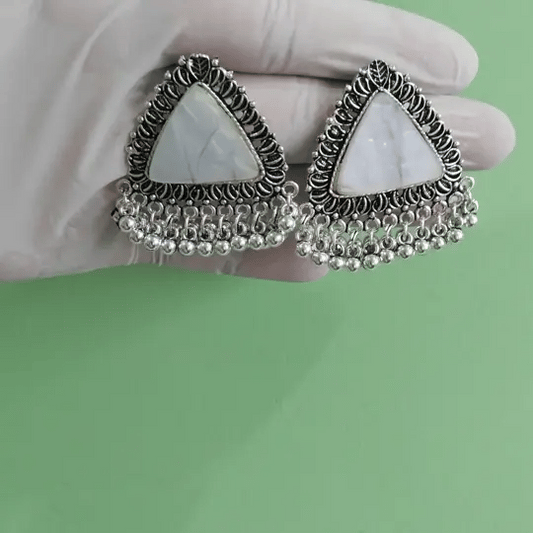 Triangle White Stone Oxidized Earrings with Hanging Beads – Ethnic Boho Jewelry
