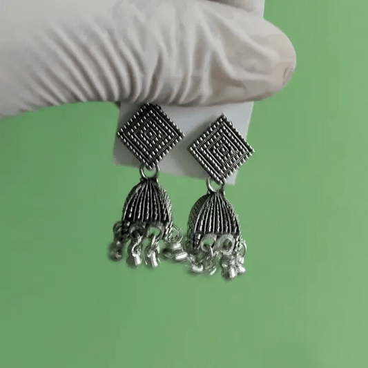 Antique Silver Oxidized Square Stud Jhumka Earrings for Women