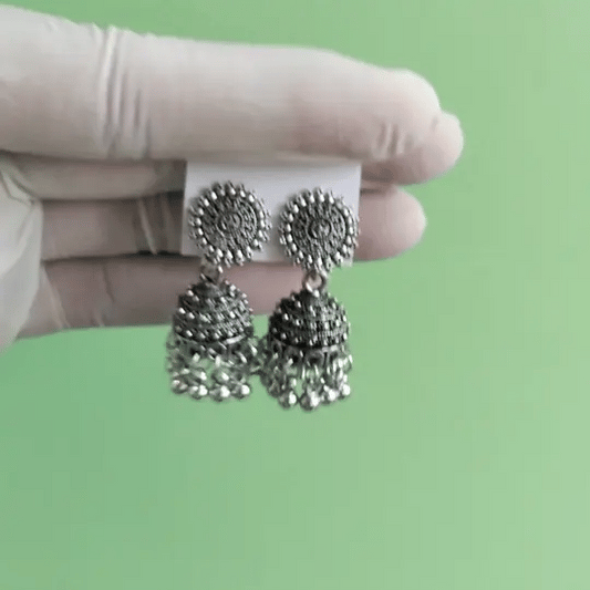 Antique Silver-Tone Oxidized Jhumka Earrings with Intricate Circular Stud Design