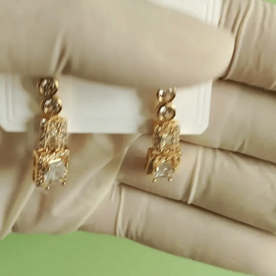 Elegant Gold-Tone Rectangular Crystal Drop Earrings | Party & Daily Wear Statement Jewelry