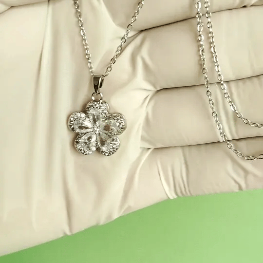 Luxury Silver-Tone Floral Crystal Pendant Necklace | Elegant Daily & Party Wear Jewelry