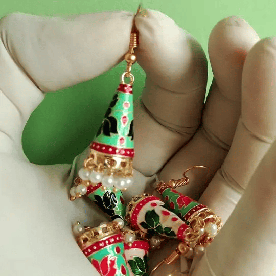 Cone Shaped Meenakari Jhumka Earrings | Handcrafted Ethnic Pearl Drop Collection