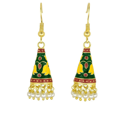 Cone Shaped Meenakari Jhumka Earrings | Handcrafted Ethnic Pearl Drop Collection
