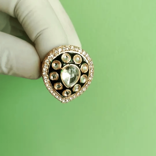 Royal Black Kundan Statement Ring | Teardrop Adjustable Cocktail Ring
