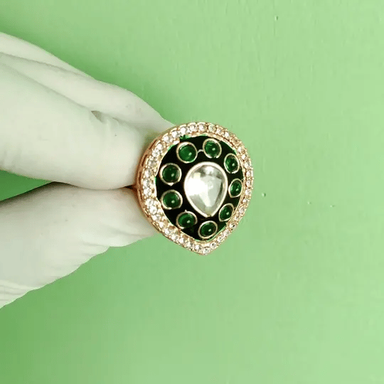 Royal Green Kundan Statement Ring | Handcrafted Adjustable Cocktail Ring