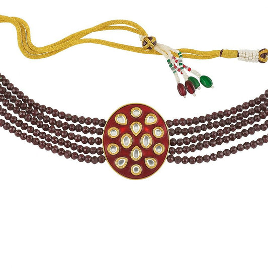 Royal Red Kundan Choker Necklace | Handcrafted Multi-Layer Beaded Necklace