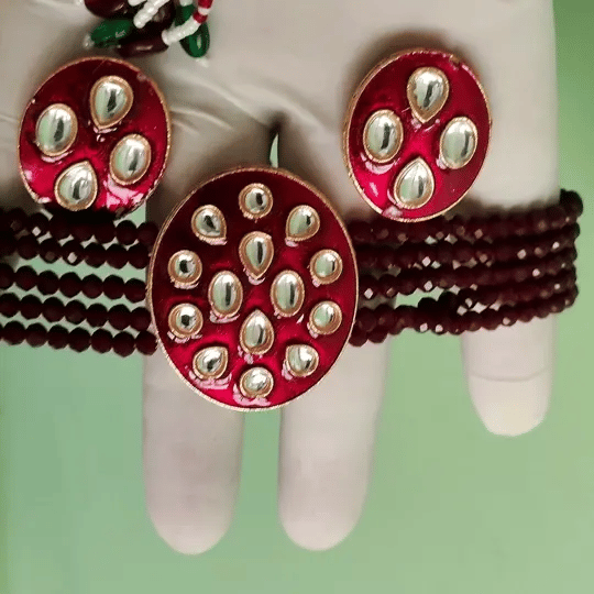 Royal Red Kundan Choker Necklace | Handcrafted Multi-Layer Beaded Necklace