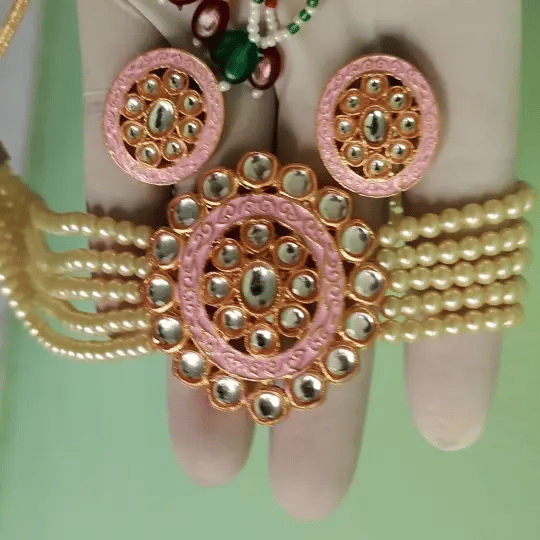 Pearl Kundan Choker Necklace | Handcrafted Pink Enamel Beaded Choker