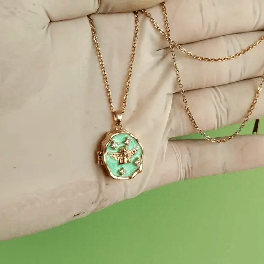 Angel Wings Turquoise Gold-Tone Locket Necklace | Divine Enamel Pendant