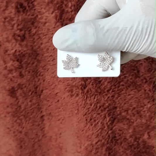 Golden Maple Leaf Stud Earrings with Sparkling CZ Stones