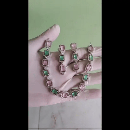 Pink & Green American Diamond Necklace Set with Earrings β Silver-Tone Finish