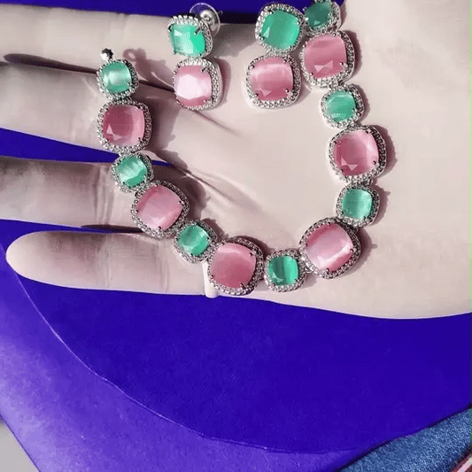 Elegant Pink & Green Stone Necklace Set with American Diamond Accents – Premium Party Jewelry