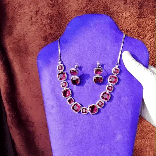 Red Cushion-Cut American Diamond Necklace Set with Earrings β Statement Jewelry for Weddings & Parties