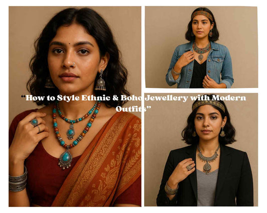 Collage of three models wearing boho/ethnic jewellery.