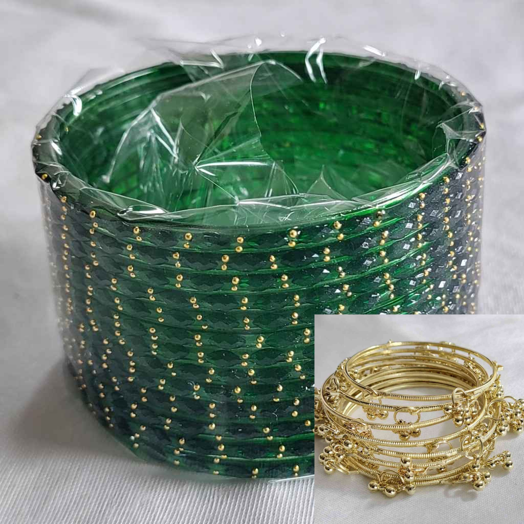 Traditional Kashmiri Bangles (Set of 8) with Colored Glass Bangles(Set of 12) (Red, Green, Pink, Yellow)