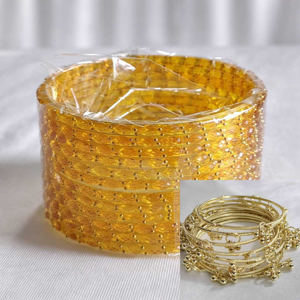 Traditional Kashmiri Bangles (Set of 8) with Colored Glass Bangles(Set of 12) (Red, Green, Pink, Yellow)