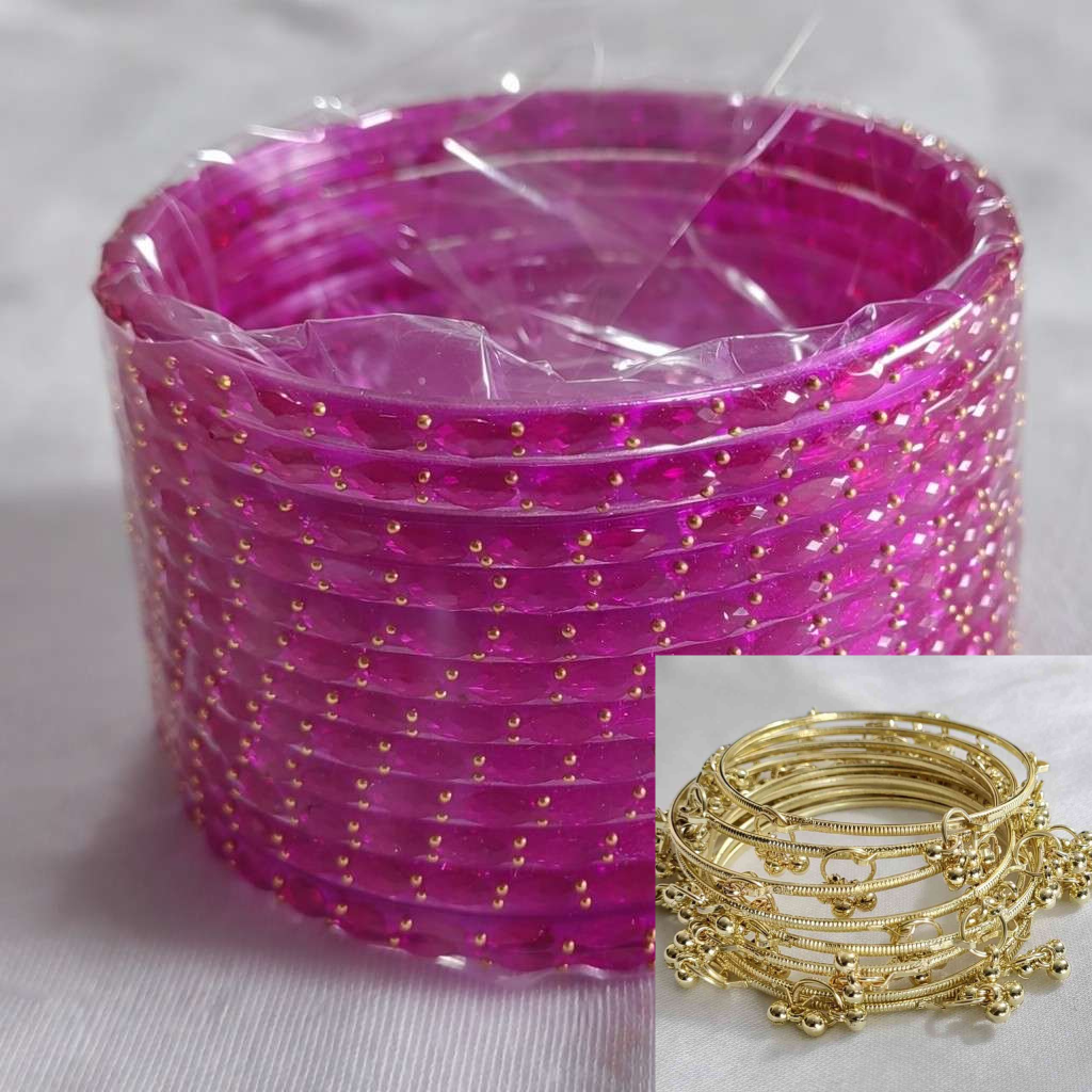 Traditional Kashmiri Bangles (Set of 8) with Colored Glass Bangles(Set of 12) (Red, Green, Pink, Yellow)