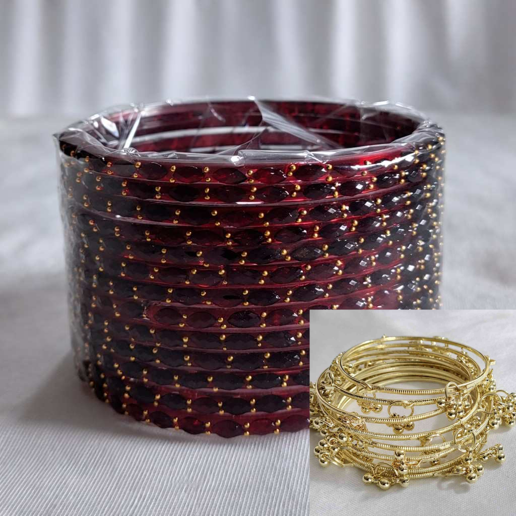 Traditional Kashmiri Bangles (Set of 8) with Colored Glass Bangles(Set of 12) (Red, Green, Pink, Yellow)