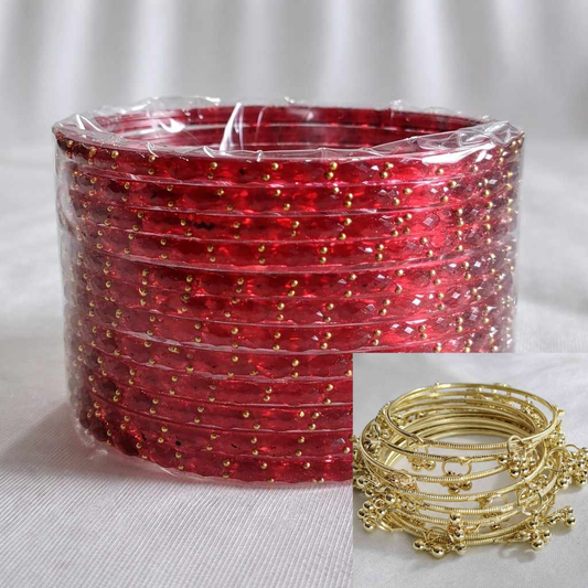 Traditional Kashmiri Bangles (Set of 8) with Colored Glass Bangles(Set of 12) (Red, Green, Pink, Yellow)