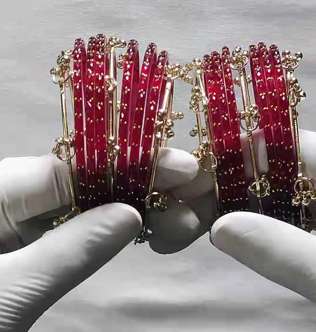 Traditional Kashmiri Bangles (Set of 8) with Colored Glass Bangles(Set of 12) (Red, Green, Pink, Yellow)