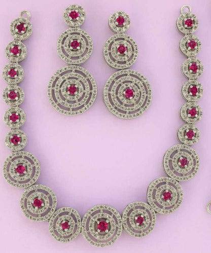 Silver-tone American diamond necklace set with ruby red stones