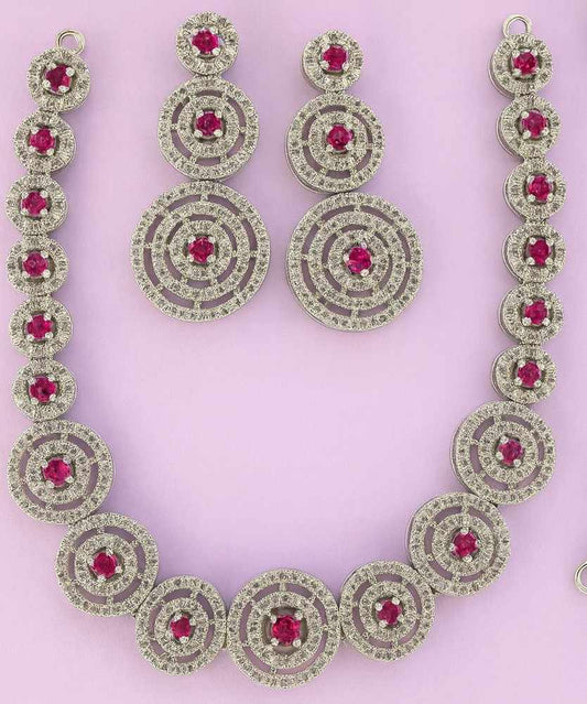Silver-tone American diamond necklace set with ruby red stones