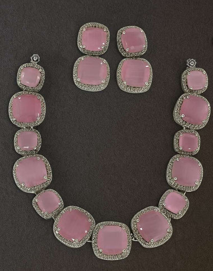 Premium Pink Cushion-Cut Stone Necklace & Earrings Set with Sparkling American Diamond Border – Bridal & Party Jewelry for Women