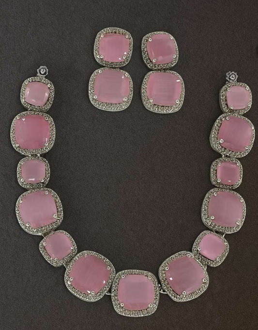 Premium Pink Cushion-Cut Stone Necklace & Earrings Set with Sparkling American Diamond Border – Bridal & Party Jewelry for Women