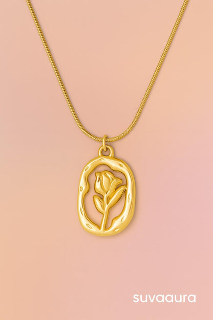 Gold necklace with embossed rose pendant in abstract frame – floral minimalist jewellery by Suvaaura

