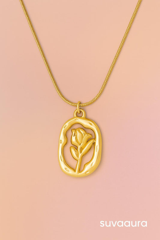 Gold necklace with embossed rose pendant in abstract frame – floral minimalist jewellery by Suvaaura

