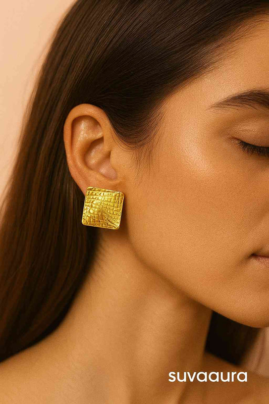 Textured gold stud earrings with abstract shape and croc-skin design – modern designer jewellery by Suvaaura

