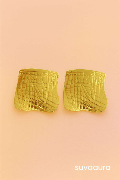 Textured gold stud earrings with abstract shape and croc-skin design – modern designer jewellery by Suvaaura

