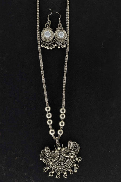 Oxidized Peacock Pendant Necklace Set with Beaded Chain and Matching Earrings – Traditional Jewelry

