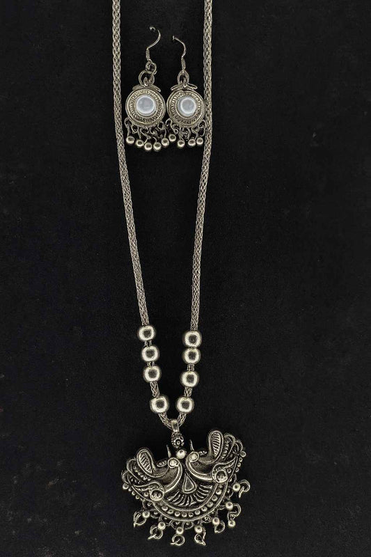 Oxidized Peacock Pendant Necklace Set with Beaded Chain and Matching Earrings – Traditional Jewelry

