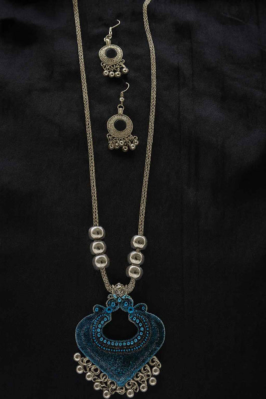 Antique silver-tone blue heart pendant necklace set with matching earrings – tribal boho jewelry for women