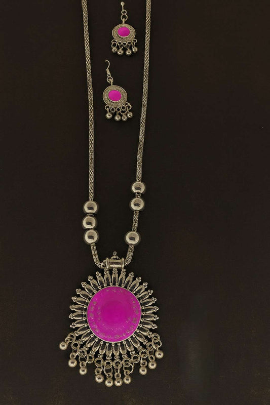 Oxidized Silver Pink Stone Pendant Set with Earrings – Front View