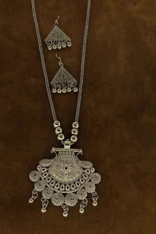 Oxidized silver triangle pendant necklace set with matching earrings for women – boho ethnic jewelry

