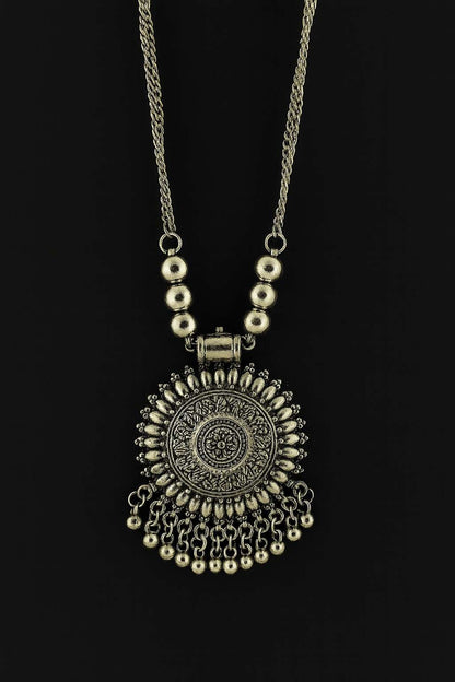 Vintage round floral pendant oxidized silver-tone necklace with dangling beads for women