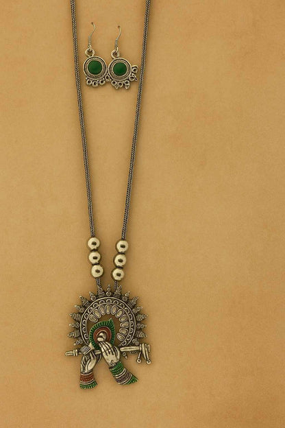 Oxidized Krishna Flute Pendant Necklace Set with Green Stone Earrings – Bohemian Tribal Jewelry