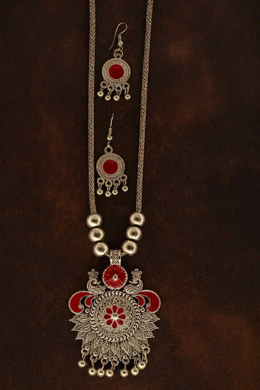 Traditional Oxidized Silver-Tone Necklace & Earrings Set with Red Enamel Detailing
