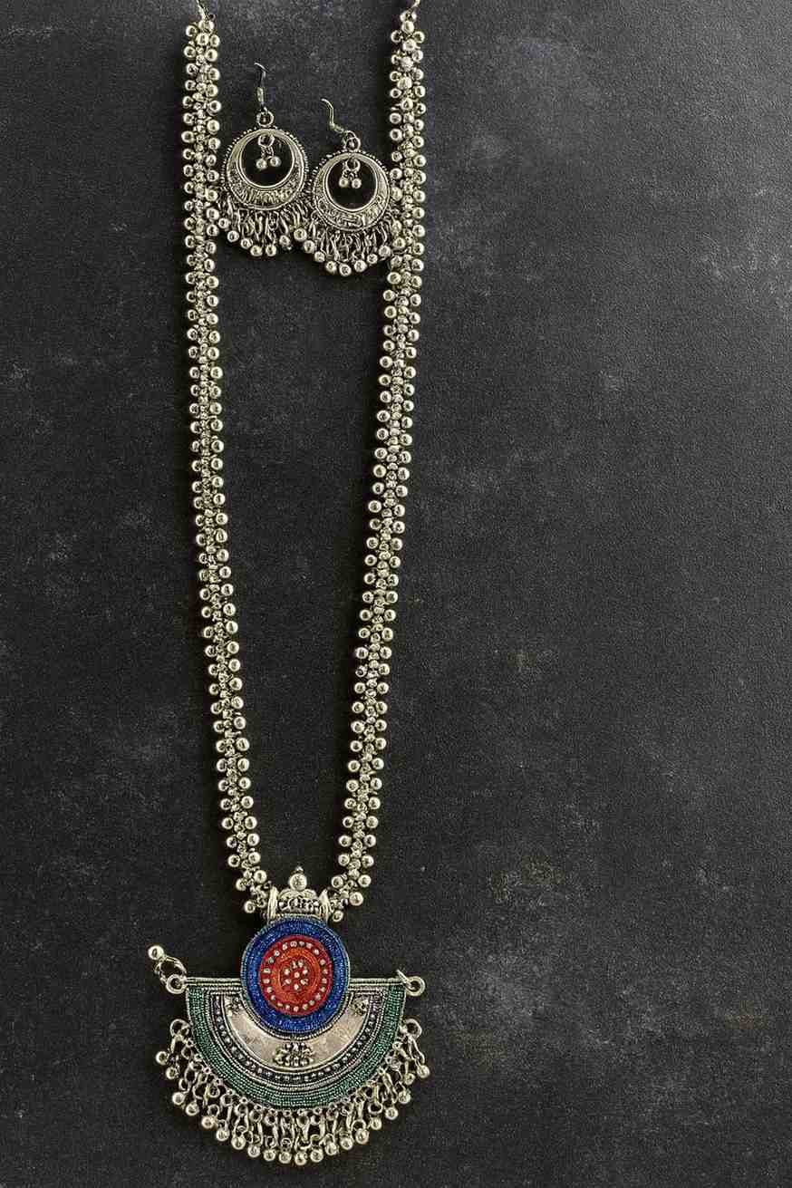 Tribal oxidized silver long necklace set with colorful half-moon pendant and matching earrings – Suvaaura

