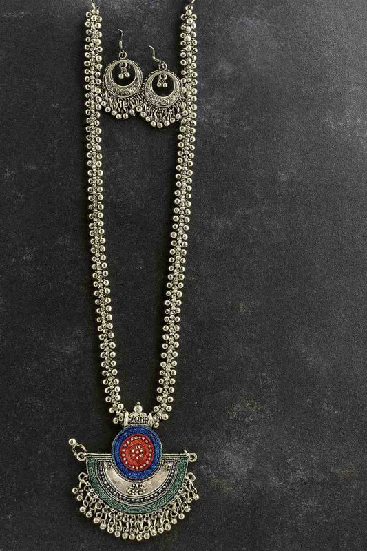 Tribal oxidized silver long necklace set with colorful half-moon pendant and matching earrings – Suvaaura

