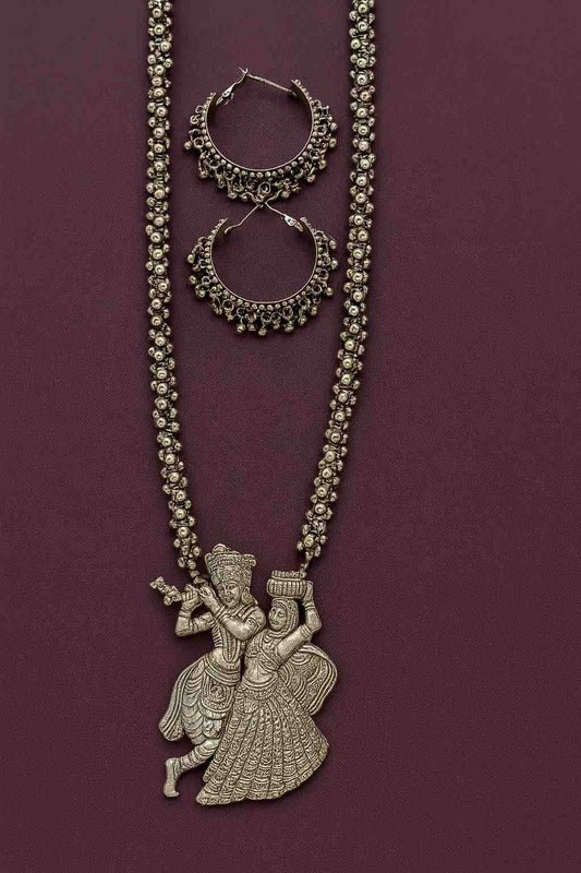 Oxidized silver Krishna Radha pendant long necklace with matching traditional hoop earrings – Suvaaura
