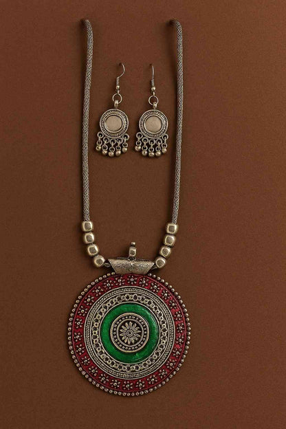 Antique round green and red statement pendant necklace set with matching earrings – bohemian tribal jewelry