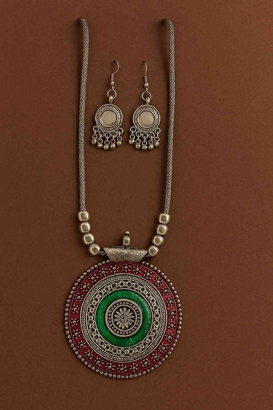 Antique round green and red statement pendant necklace set with matching earrings – bohemian tribal jewelry