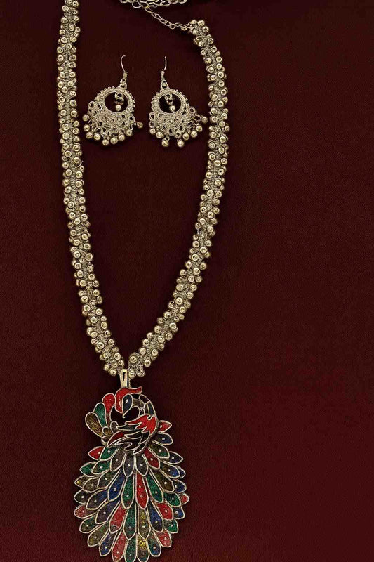 Multi-color peacock pendant necklace with matching earrings, antique silver finish, boho ethnic jewelry set for women