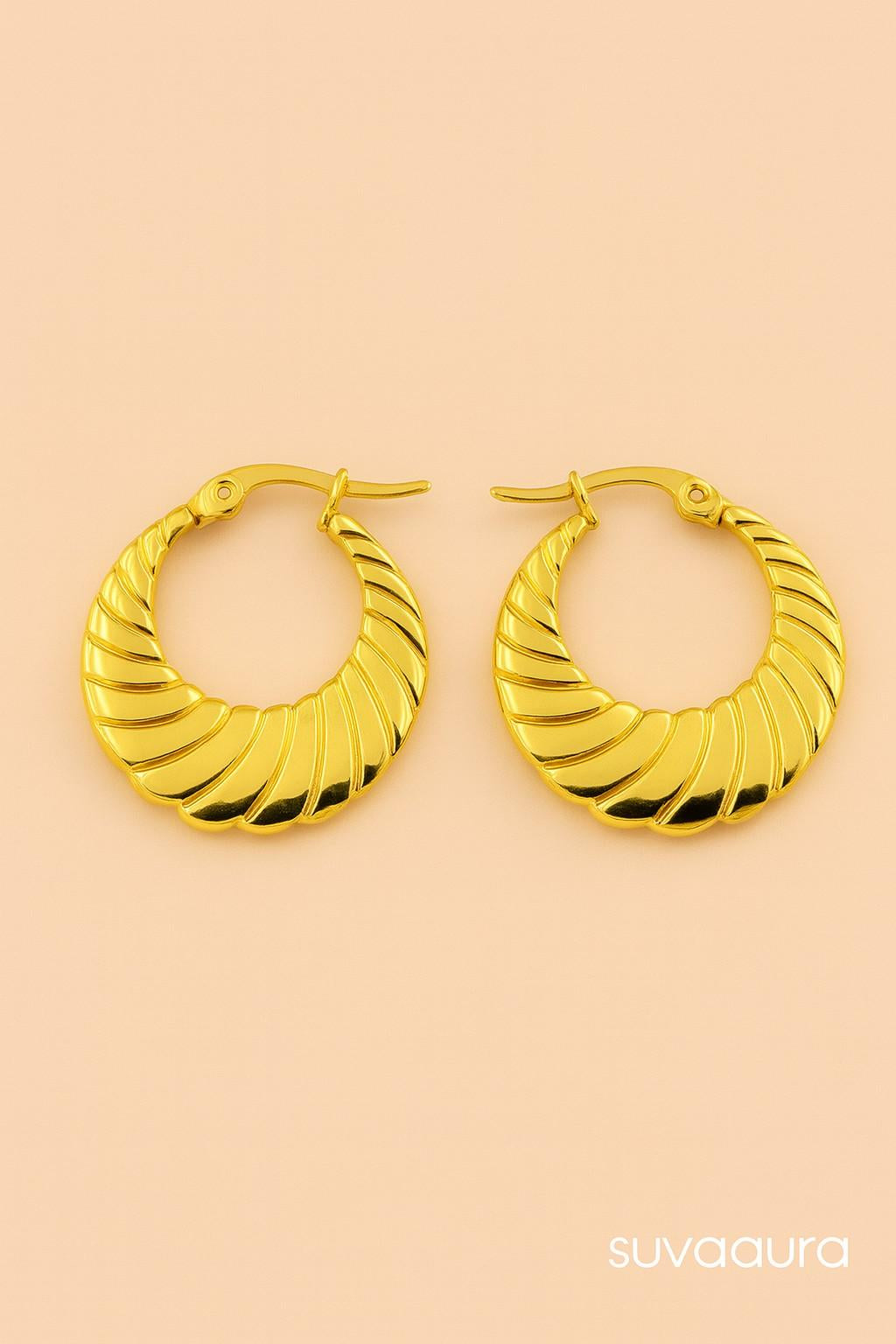 “Suvaaura gold-plated hoop earrings front view”