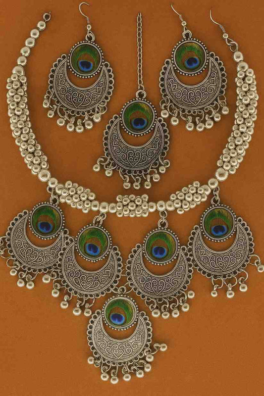"Antique silver peacock feather choker necklace and matching earrings set – traditional ethnic jewellery"